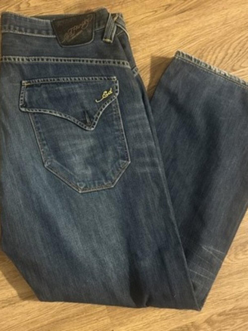 Ed Hardy Men’s Flap Pocket Jeans Blue Denim 38x32 Missing Back Pocket Buttons